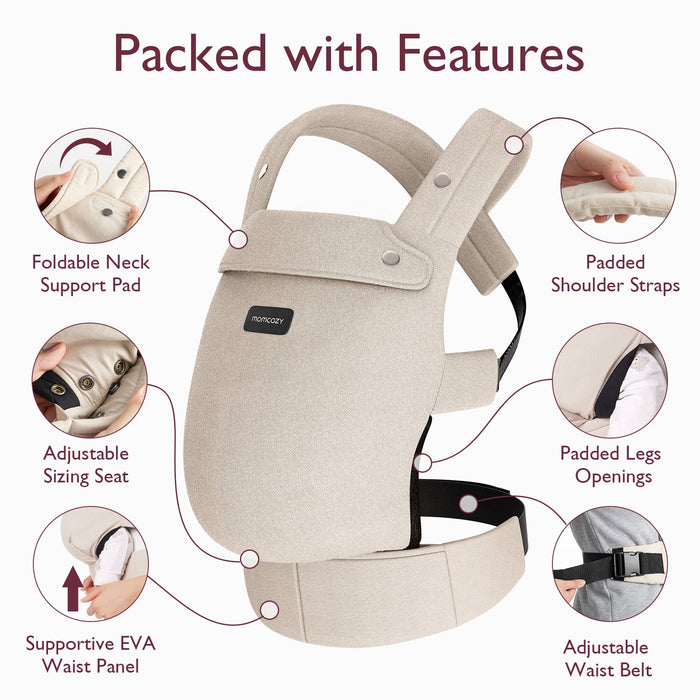 Momcozy khaki baby carrier with highlighted adjustable features and padded support.