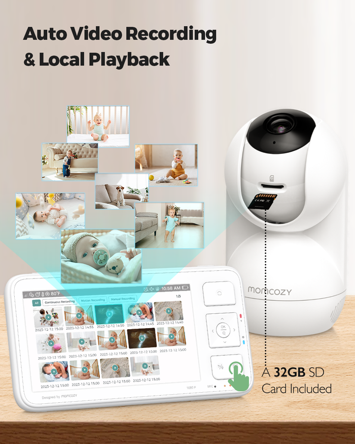 Momcozy BM03 baby monitor with auto recording & local playback, 32GB SD card, 5.5-inch display. Capturing baby moments.
