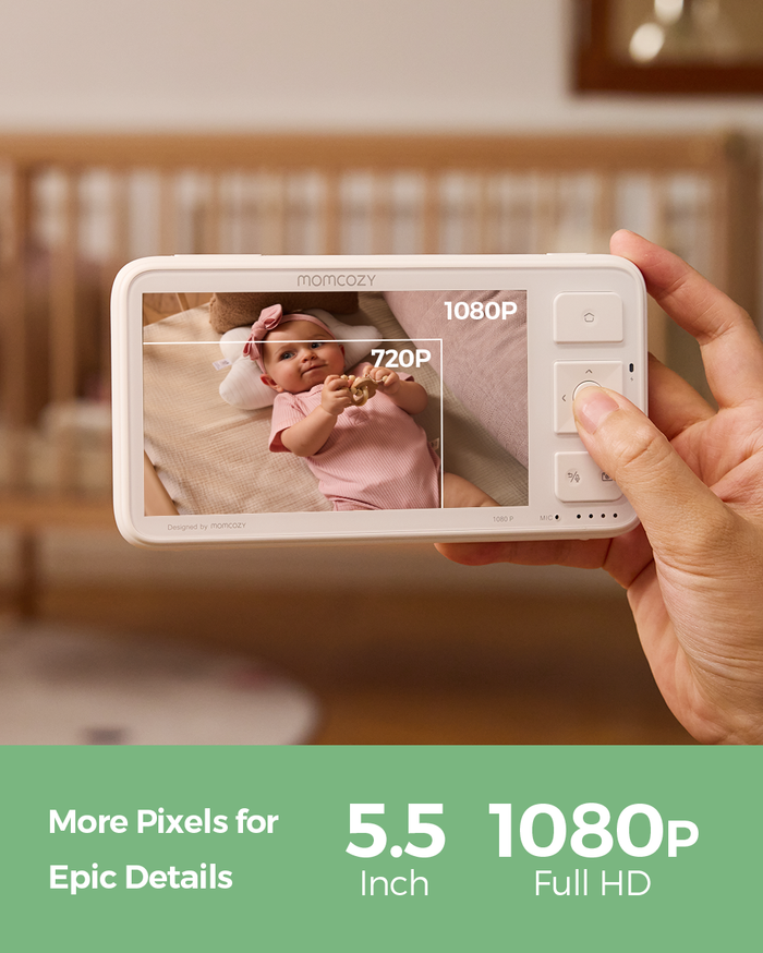 Momcozy BM03 baby monitor with 5.5-inch, 1080P Full HD display, offering clear visuals for parents.