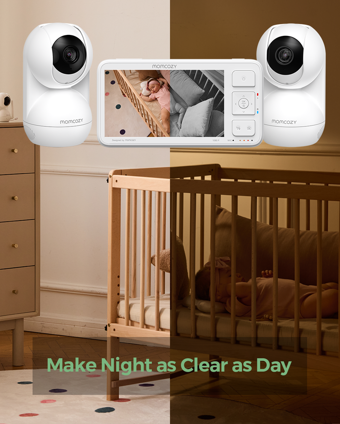 Momcozy BM03 video baby monitor showing sleeping baby in crib, 1080p resolution. Night vision clarity.