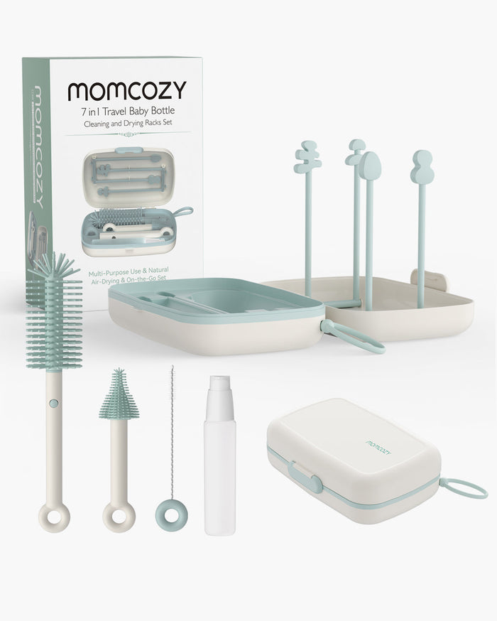 Momcozy 7-in-1 travel baby bottle cleaning kit with accessories in teal and white.