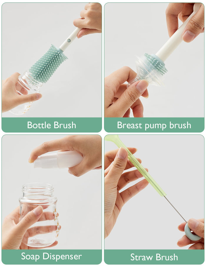 Momcozy bottle brush kit demonstrating cleaning tools for bottles and breast pumps.