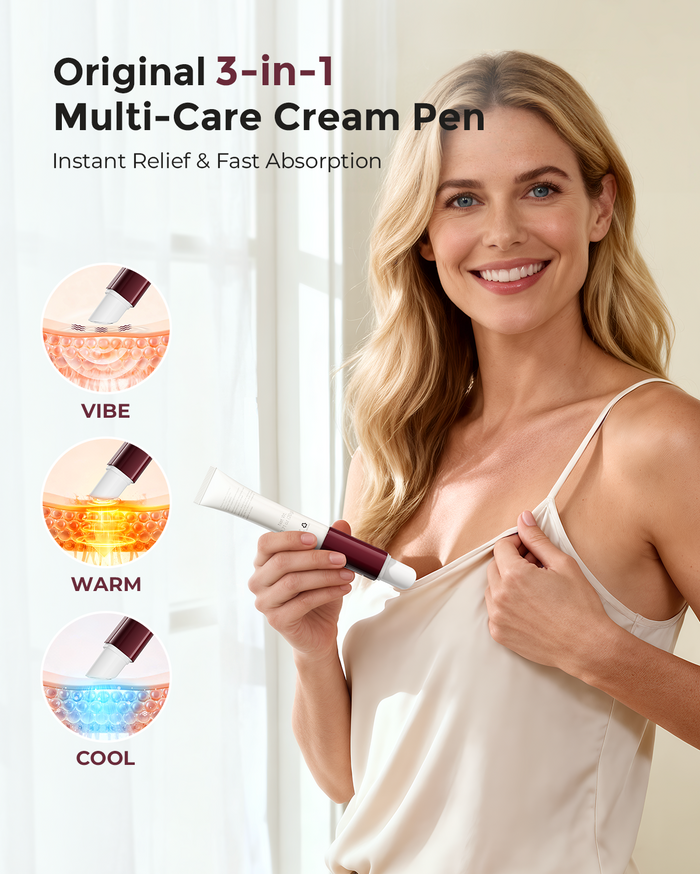 blonde woman smiling while using 3-in-1 multi-care nipple cream pen with vibe warm and cool modes