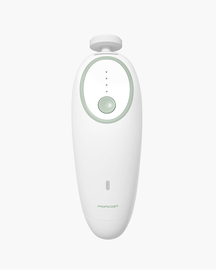 Momcozy Electric Baby Nail File top view, highlighting sleek design and control button.