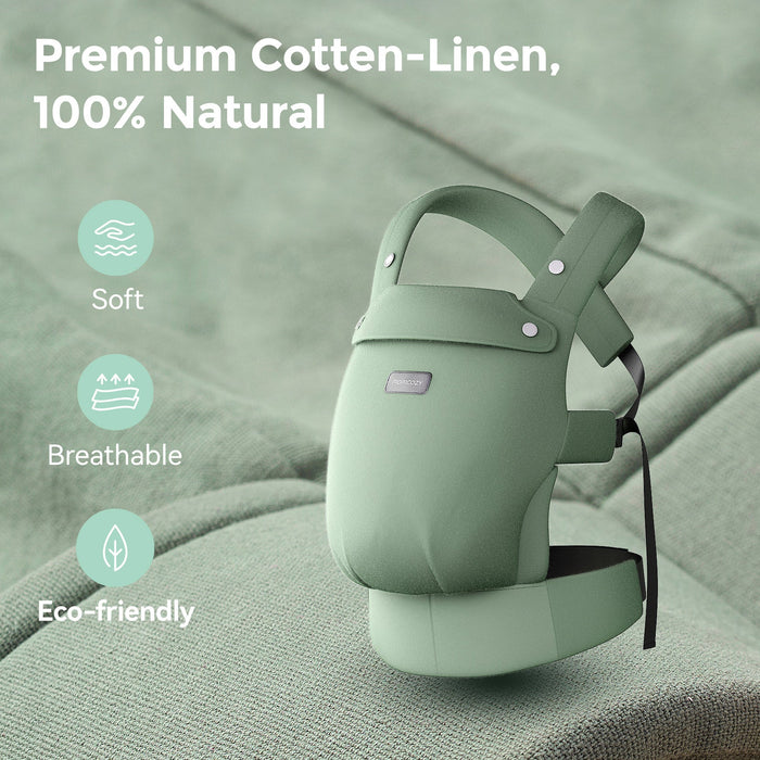 Sage green Momcozy PureHug baby carrier, cotton-linen, promoting breathable and eco-friendly babywearing.