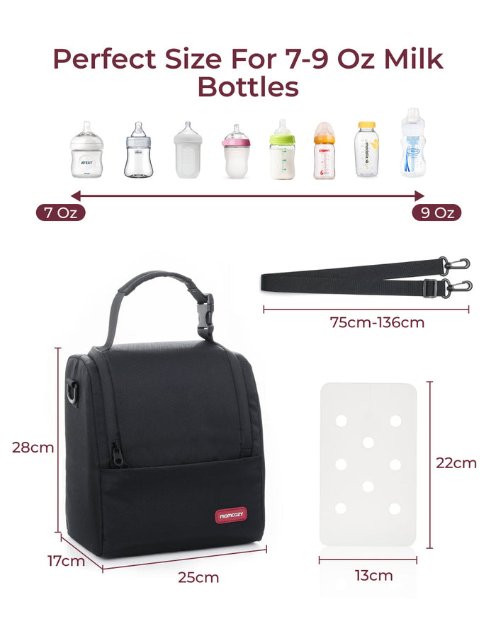 Momcozy Insulated Baby Bottle Bag, black, designed for 7-9 oz bottles, features adjustable strap for convenient mom care.