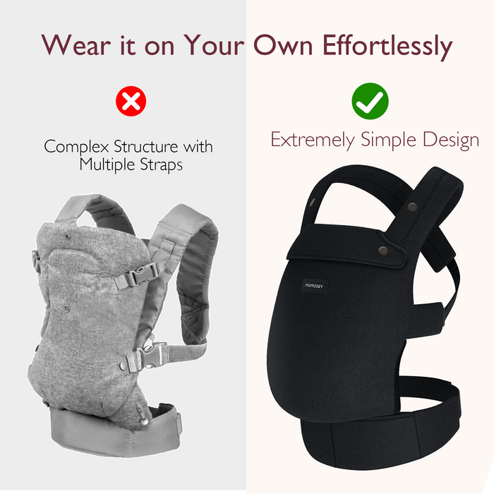 Momcozy PureHug Baby Carrier: Simple black design for easy babywearing compared to complex carrier with multiple straps.