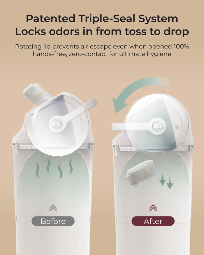 Patented triple-seal diaper pail with hands-free zero-contact disposal and odor-locking lid