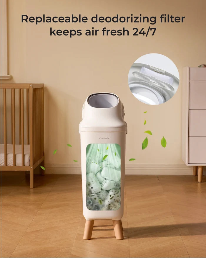 Momcozy Triple-Seal diaper pail with replaceable deodorizing filter, keeps air fresh 24/7