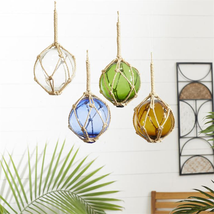 MULTI COLORED GLASS BUOY SCULPTURE WITH ROPE ACCENTS
