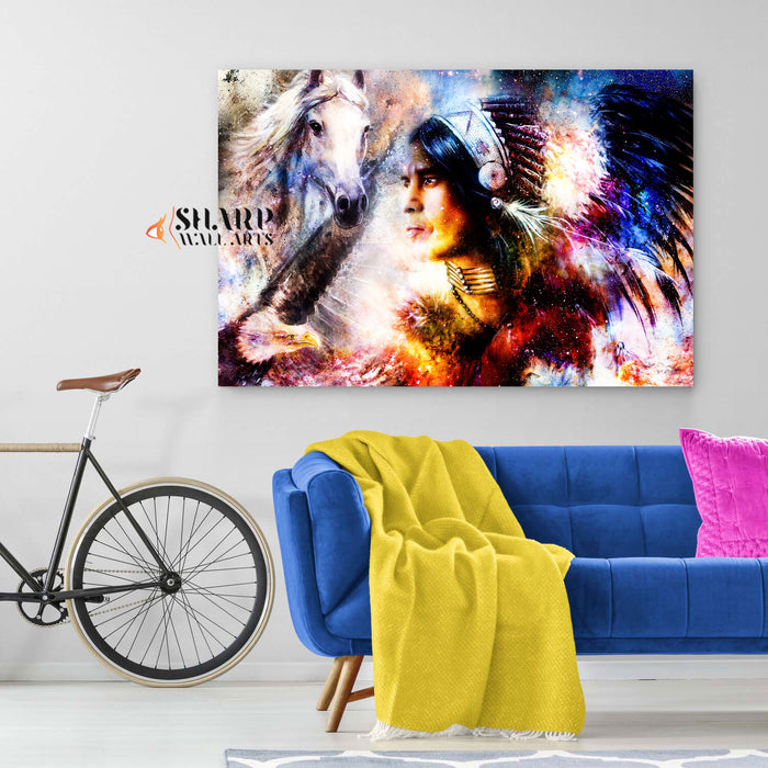 Native American Chief With Headdress Canvas Wall Art