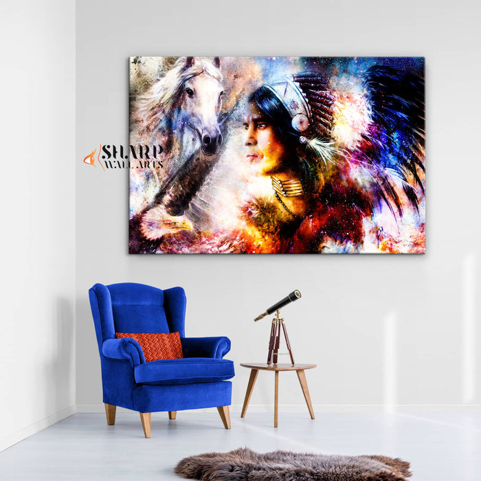 Native American Chief With Headdress Canvas Wall Art