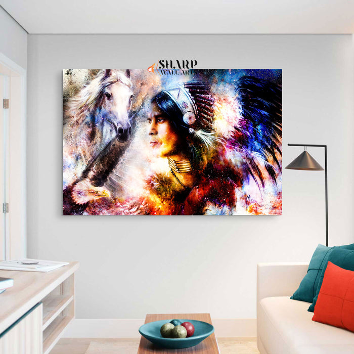 Native American Chief With Headdress Canvas Wall Art