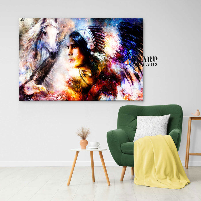 Native American Chief With Headdress Canvas Wall Art