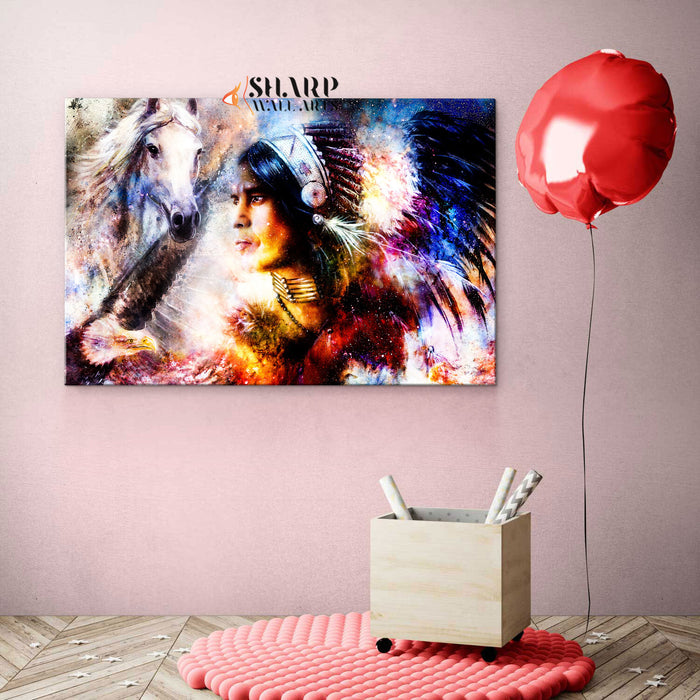 Native American Chief With Headdress Canvas Wall Art
