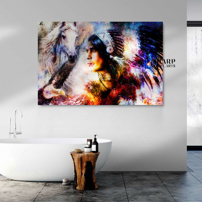 Native American Chief With Headdress Canvas Wall Art