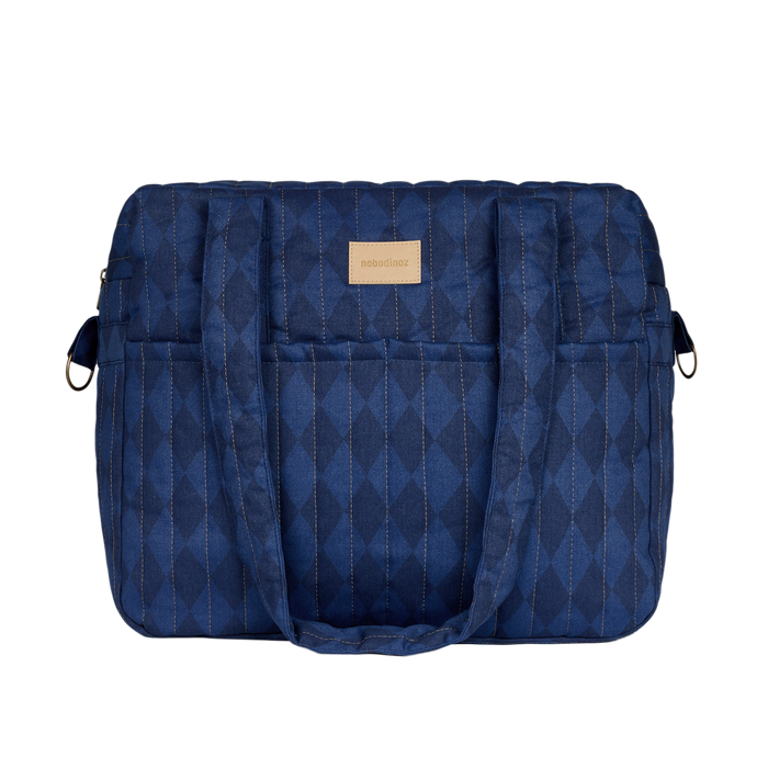 Nobodinoz – Hyde Park Waterproof Stroller Bag – Denim Blue Diamonds - Mabel & Fox