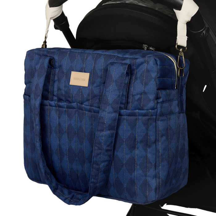 Nobodinoz – Hyde Park Waterproof Stroller Bag – Denim Blue Diamonds - Mabel & Fox