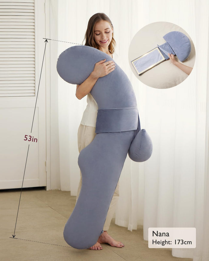 Gray F-shaped pregnancy pillow for pregnant women, with adjustable wedge. Provides comfortable, full-body support.