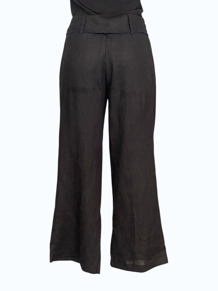 pantalone a vita alta misto lino nero