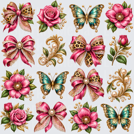 Pink Bows Butterflies Florals Collection is a 10x10 Cut and stick uv Sheet