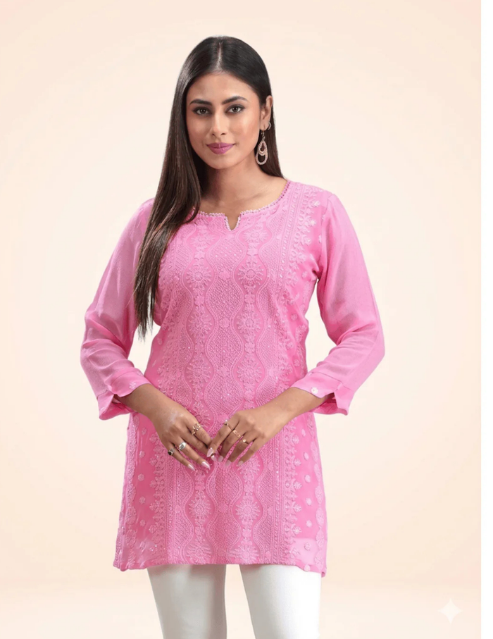 Graceful georgette kurta in a soft hue featuring delicate embroidery and a flattering silhouette for women.