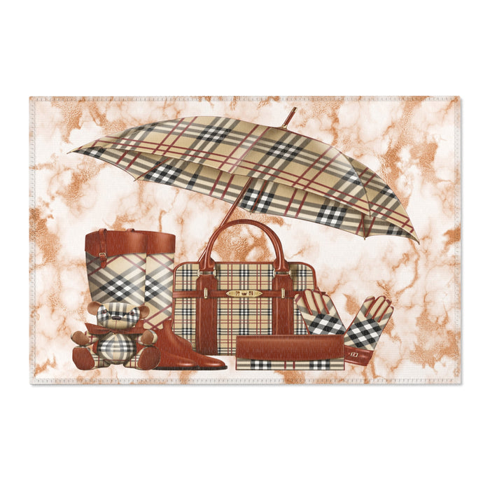 Plaid Fashion Accessories Area Rug — Chic Designer Bag & Umbrella Accent Rug