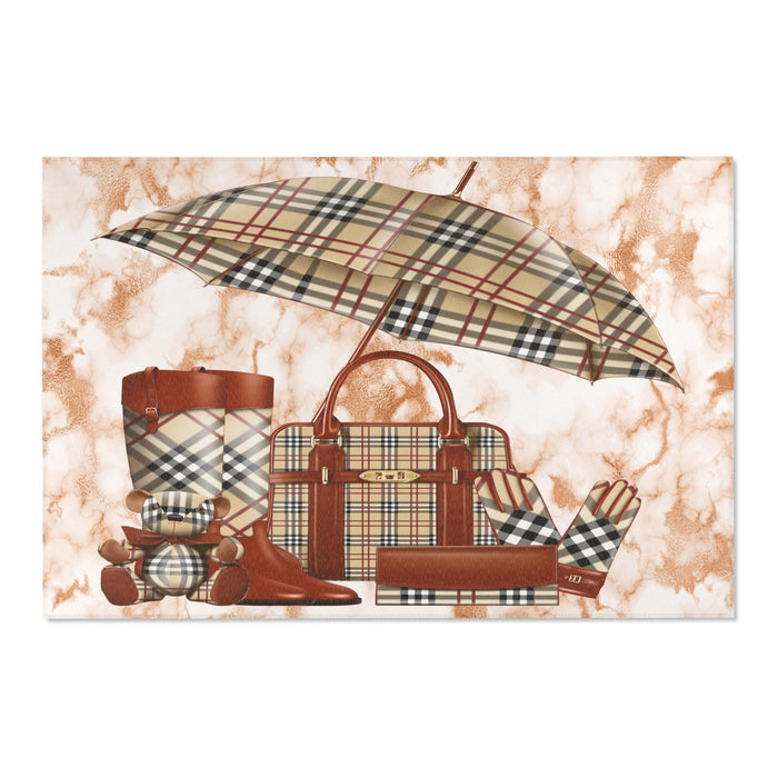 Plaid Fashion Accessories Area Rug — Chic Designer Bag & Umbrella Accent Rug