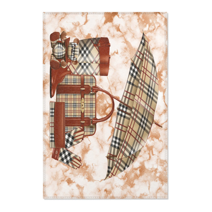 Plaid Fashion Accessories Area Rug — Chic Designer Bag & Umbrella Accent Rug