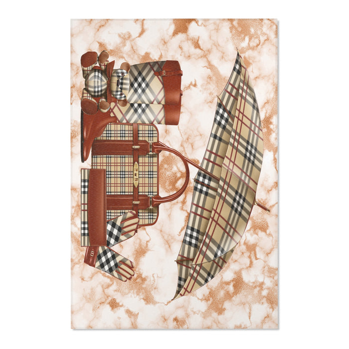 Plaid Fashion Accessories Area Rug — Chic Designer Bag & Umbrella Accent Rug