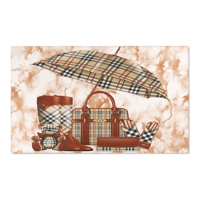 Plaid Fashion Accessories Area Rug — Chic Designer Bag & Umbrella Accent Rug