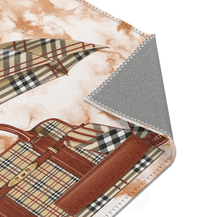 Plaid Fashion Accessories Area Rug — Chic Designer Bag & Umbrella Accent Rug