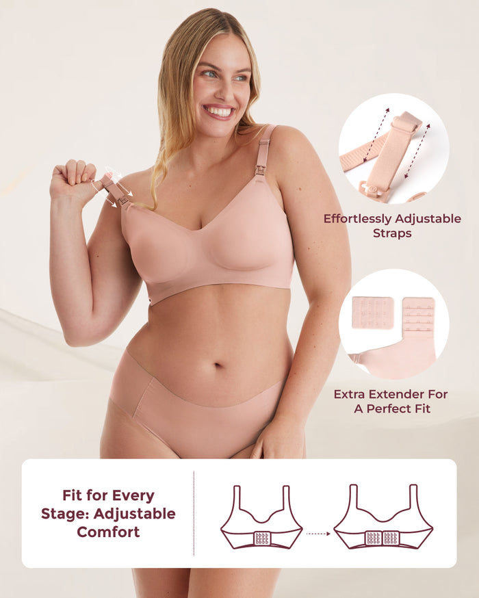 Smiling model highlights light peach YN21 Seamless Bra with adjustable straps & extender for every stage comfort.