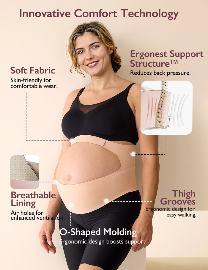 Pregnant woman in beige BumpEase maternity belly band featuring ergonomic support, soft fabric, and breathable lining.