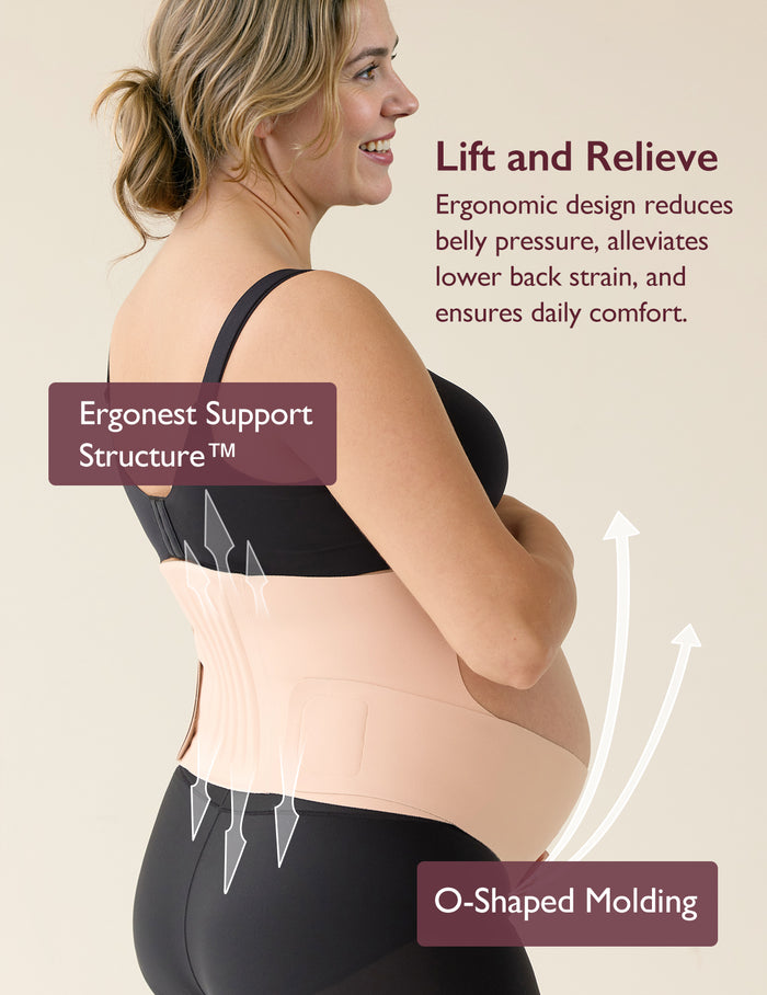 Pregnant person wearing beige BumpEase maternity belly band with Ergonest support structure and O-Shaped molding.