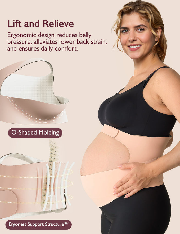 BumpEase maternity belly band in beige features O-shaped molding and Ergonest support for lifting and relieving pressure.