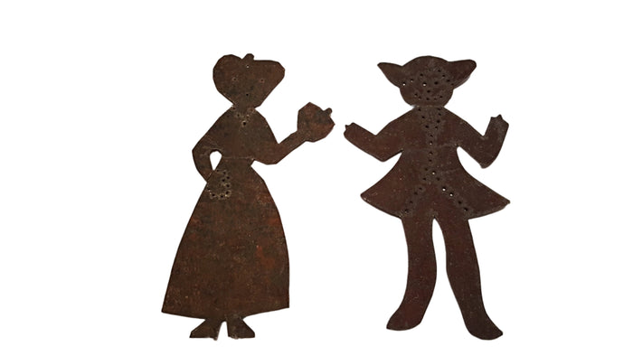 Primitive Antique Handmade Early Folk Art Tin Quilt Pattern Template Cutout Amish Man and Woman