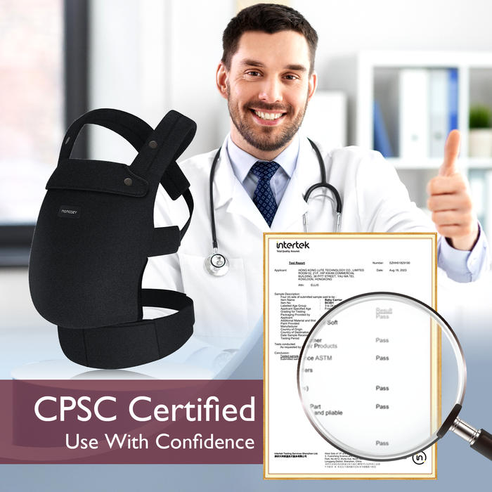 Momcozy PureHug baby carrier in black, CPSC certified for safety, approved by doctor, offering comfortable babywearing
