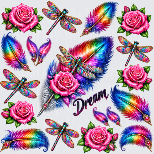 Rainbow Dream Roses Dragonflies Feathers – This is a 10x10 UV DTF Cut and Stick Sheet