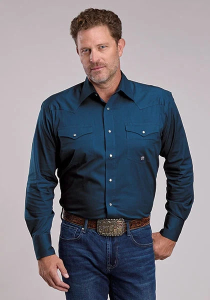 Roper 2981 Solid Poplin (Navy) - Men's Western Shirt (Closeout)
