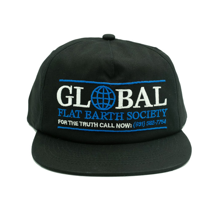 A black Salad Valley flat earth society cap with a logo and contact number printed on the front.