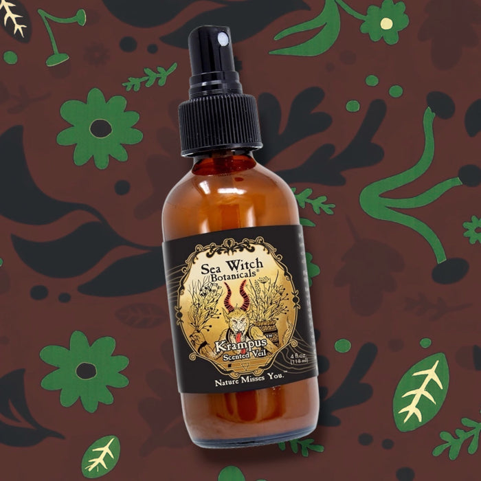 Forager Provisions LTD Sea Witch Botanicals Krampus scented veil spray in an amber glass bottle with a black nozzle.