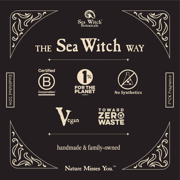 Forager Provisions LTD brand graphic showing Sea Witch Botanicals certifications including B Corp and Vegan status.