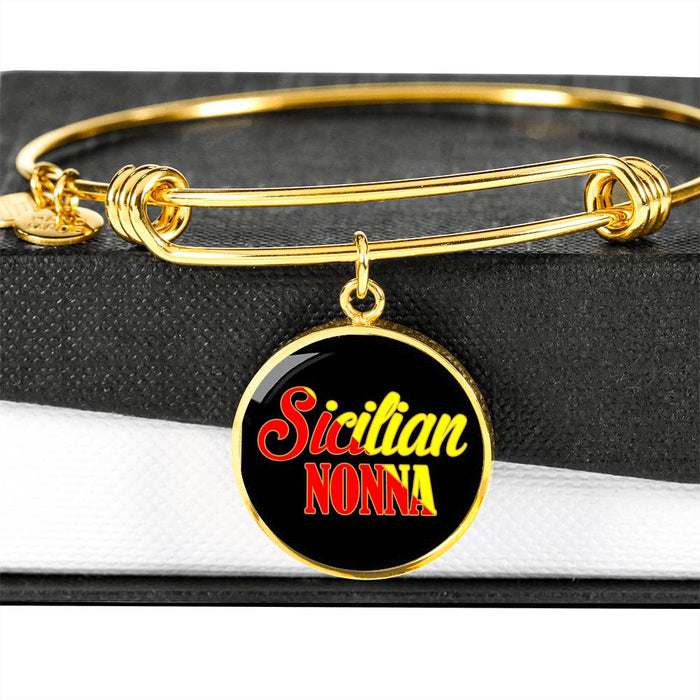 Sicilian Nonna With Black Circle Charm Bangle in Gold & Stainless Steel