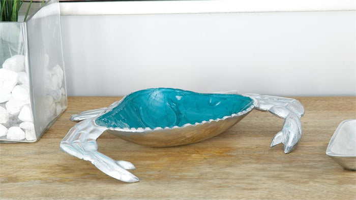 SILVER ALUMINUM CRAB SERVING BOWL WITH ENAMEL INTERIOR