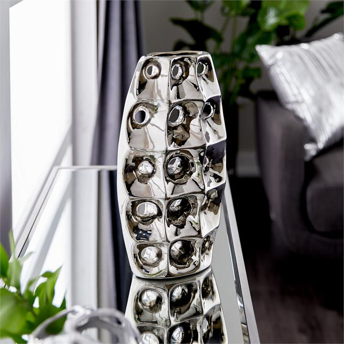 SILVER CERAMIC VASE WITH CUT OUT DESIGNS
