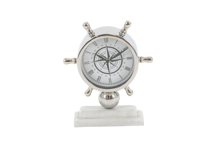 SILVER STAINLESS STEEL SHIP WHEEL CLOCK WITH MARBLE BASE