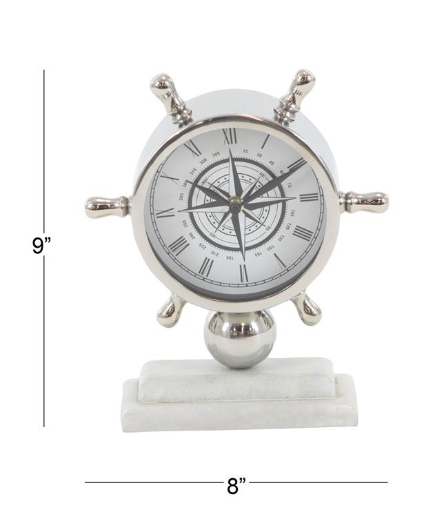 SILVER STAINLESS STEEL SHIP WHEEL CLOCK WITH MARBLE BASE