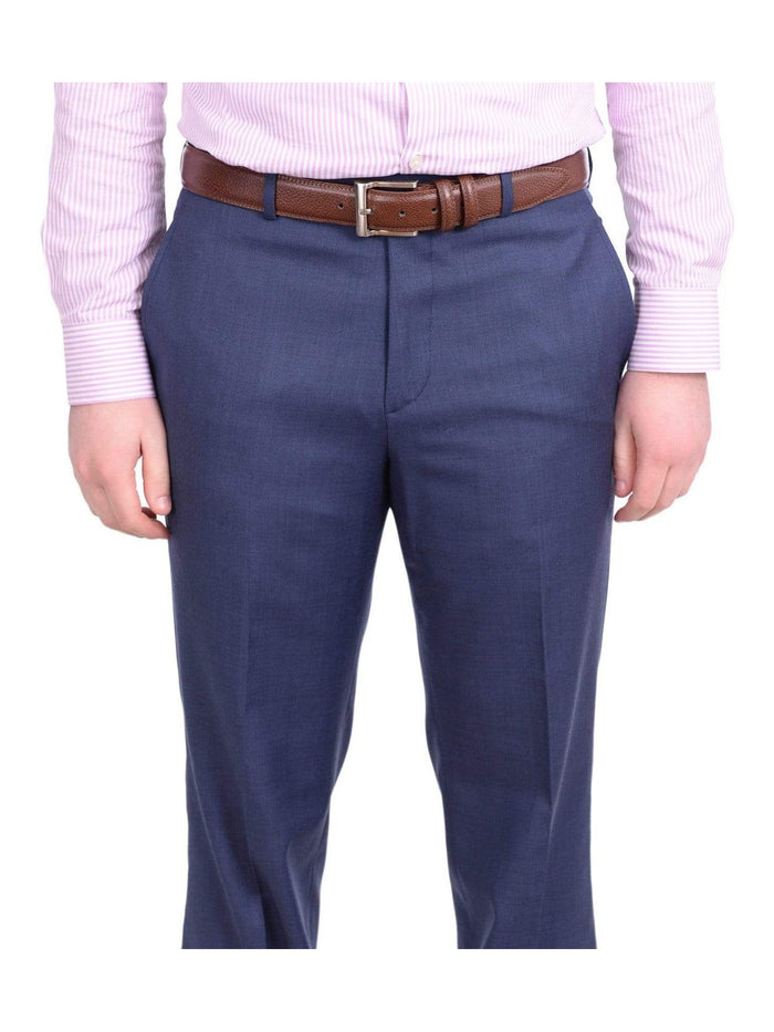 Stafford Classic Fit Solid Blue Flat Front Washable Wool Blend Dress Pants - The Suit Depot