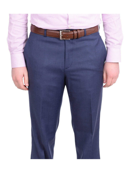 Stafford Classic Fit Solid Blue Flat Front Washable Wool Blend Dress Pants - The Suit Depot